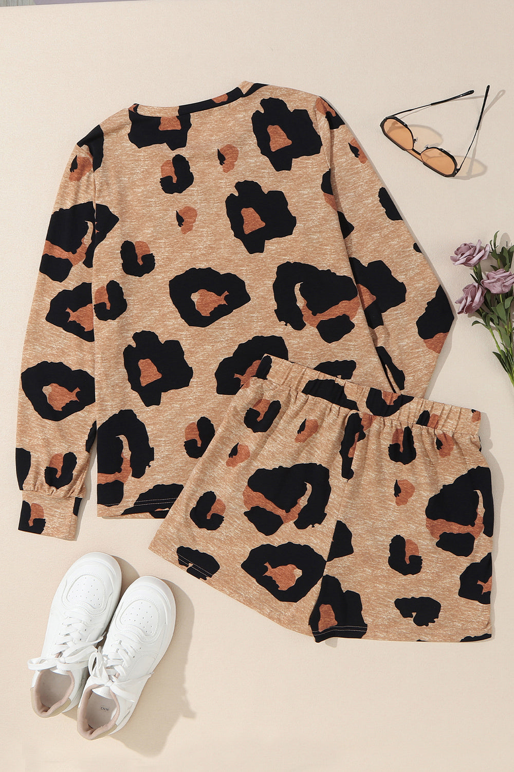 Leopard Long Sleeve Top and Shorts Set 