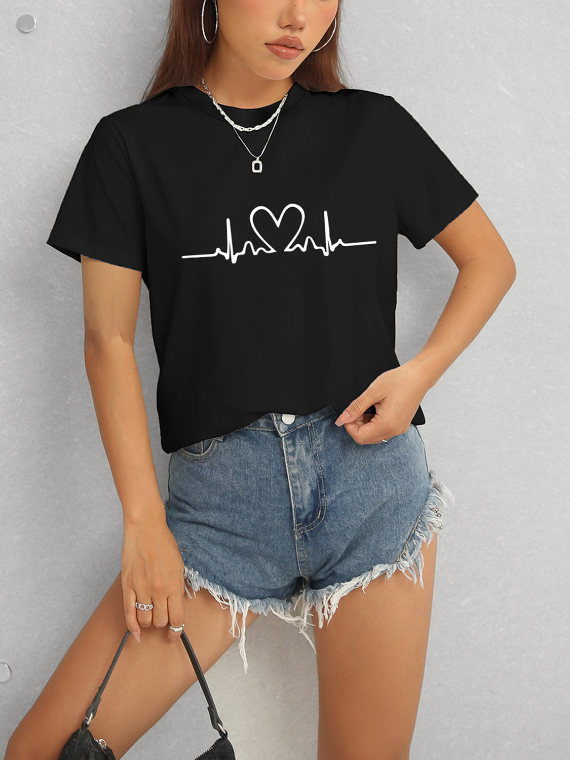 Heart Round Neck Short Sleeve T-Shirt 