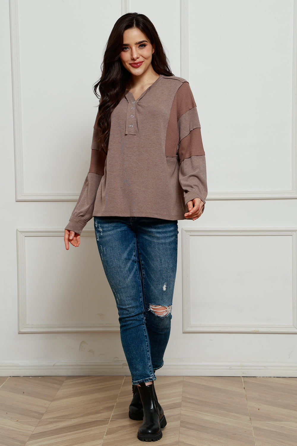 Waffle Buttoned Long Sleeve Top 