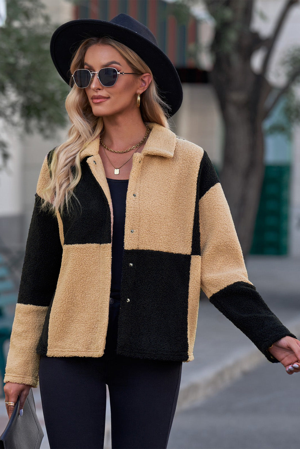 Color Block Snap Down Collared Neck Jacket 