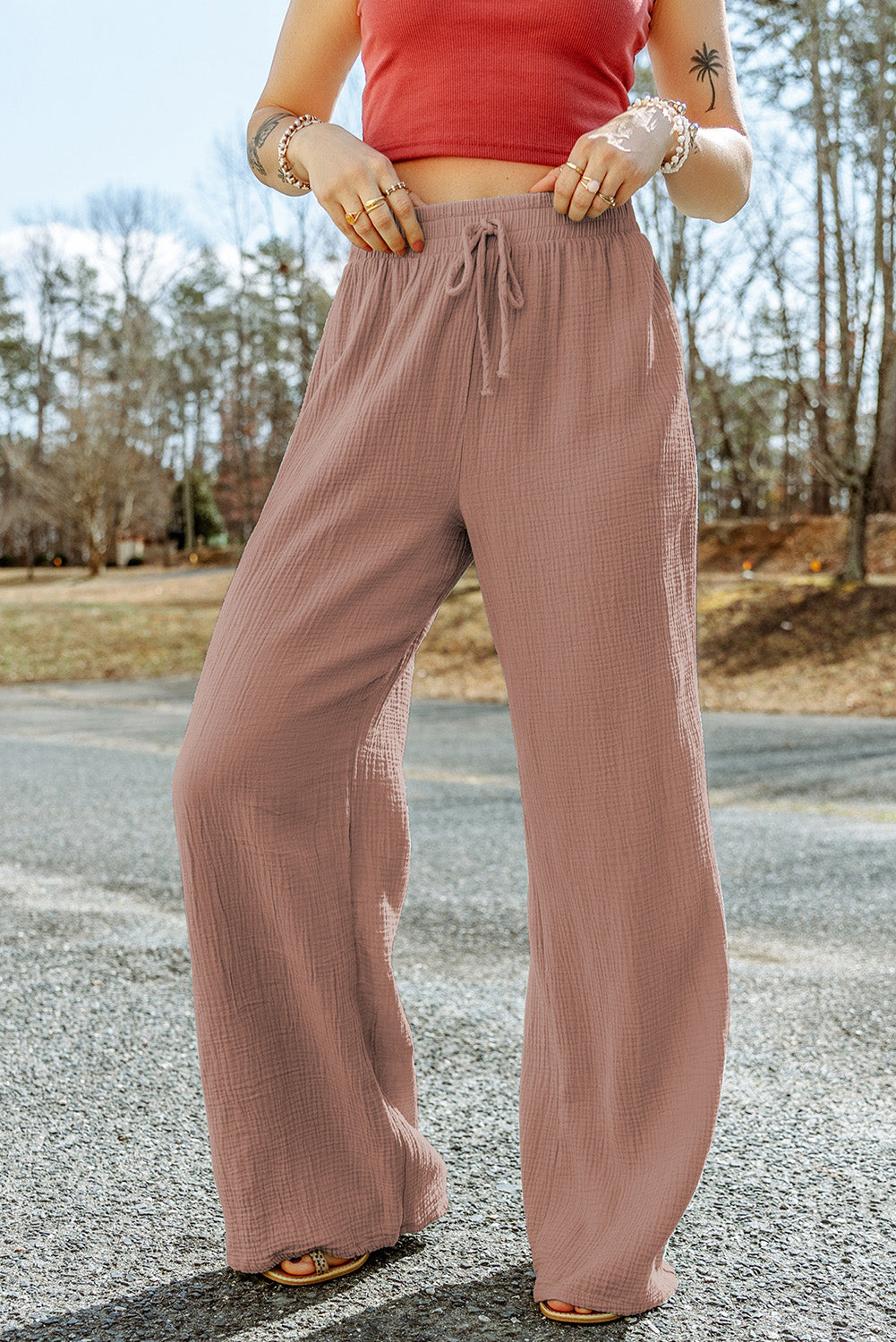 Texture Tied Wide Leg Pants 