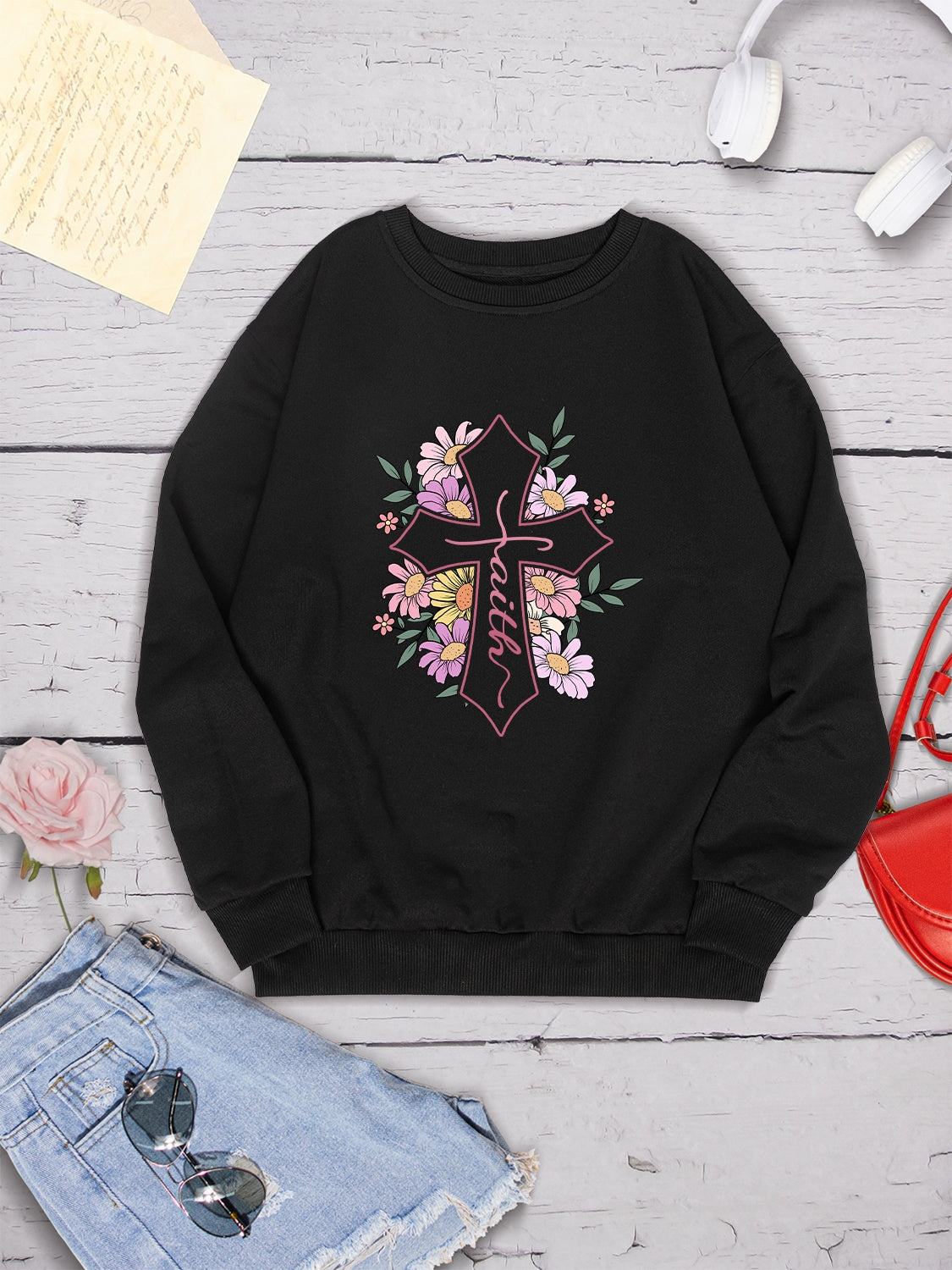 Cross Graphic Round Neck Dropped Shoulder Sweatshirt 