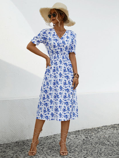 Slit Printed V-Neck Short Sleeve Dress 