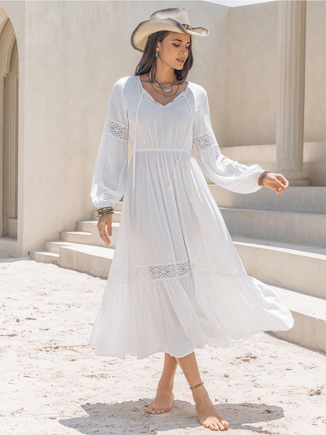 Tie Neck Balloon Sleeve Midi Dress 