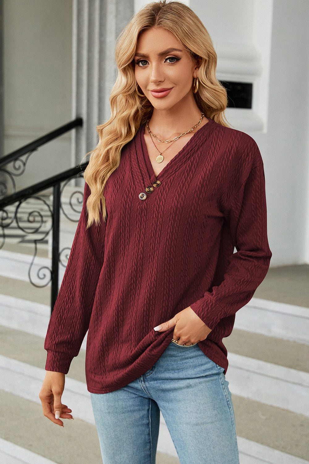 Decorative Button V-Neck Long Sleeve T-Shirt 