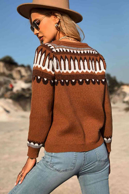 Woven Right Sweet and Casual Patterned Round Neck Sweater 