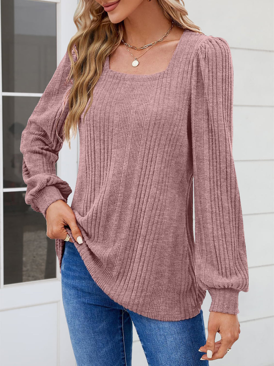 Square Neck Long Sleeve Blouse