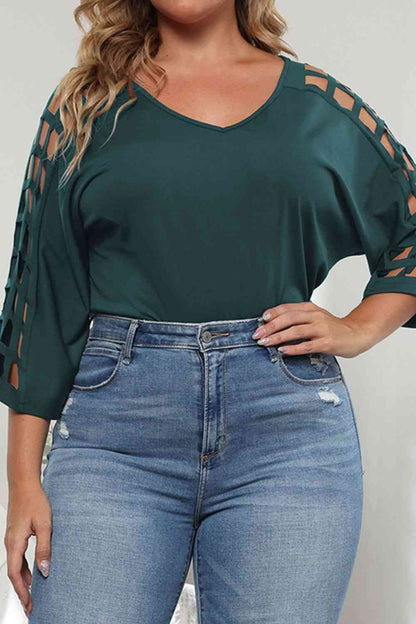 Plus Size Cutout Three-Quarter Sleeve Blouse 