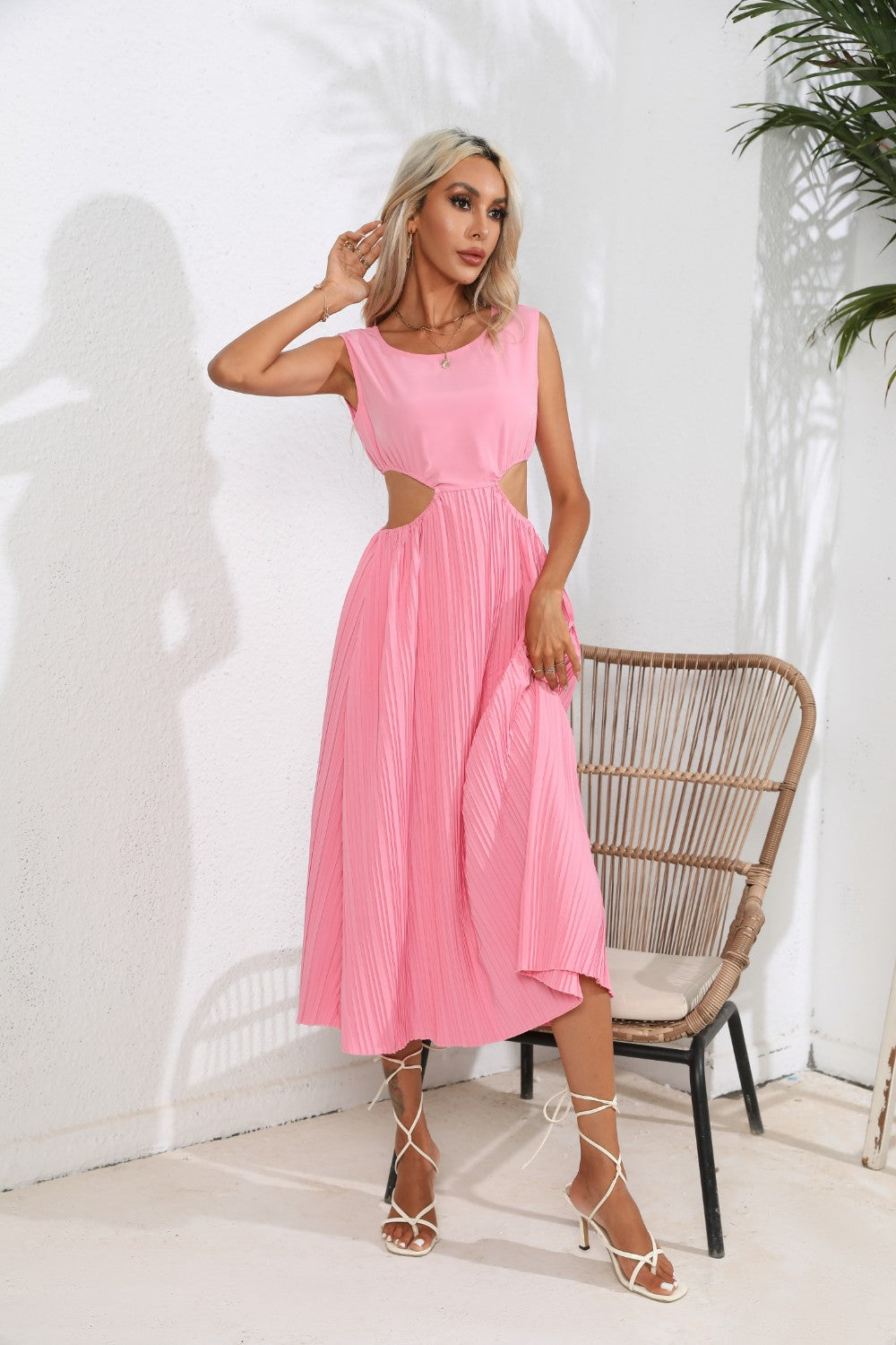 Cutout Ruched Round Neck Tank Dress 