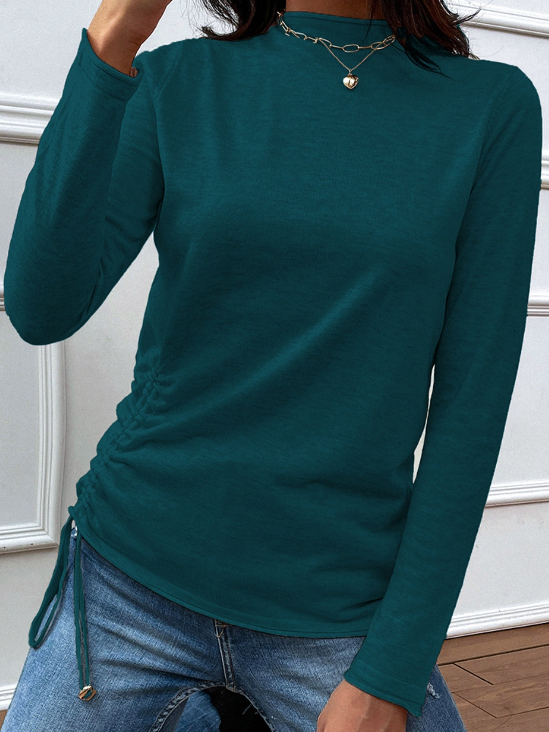 Drawstring Mock Neck Long Sleeve T-Shirt 