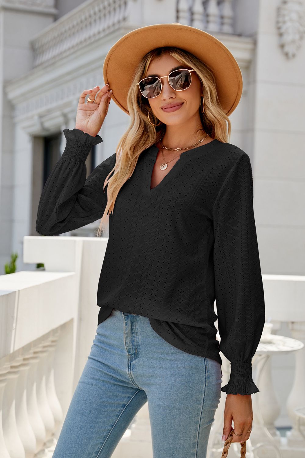 Notched Flounce Sleeve Eyelet Top 