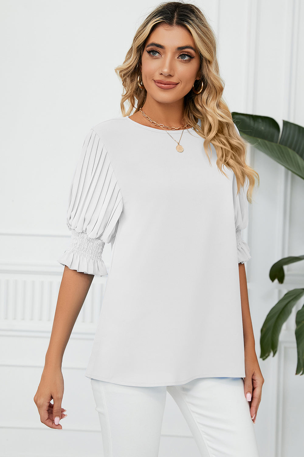 Frill Round Neck Lantern Sleeve T-Shirt 