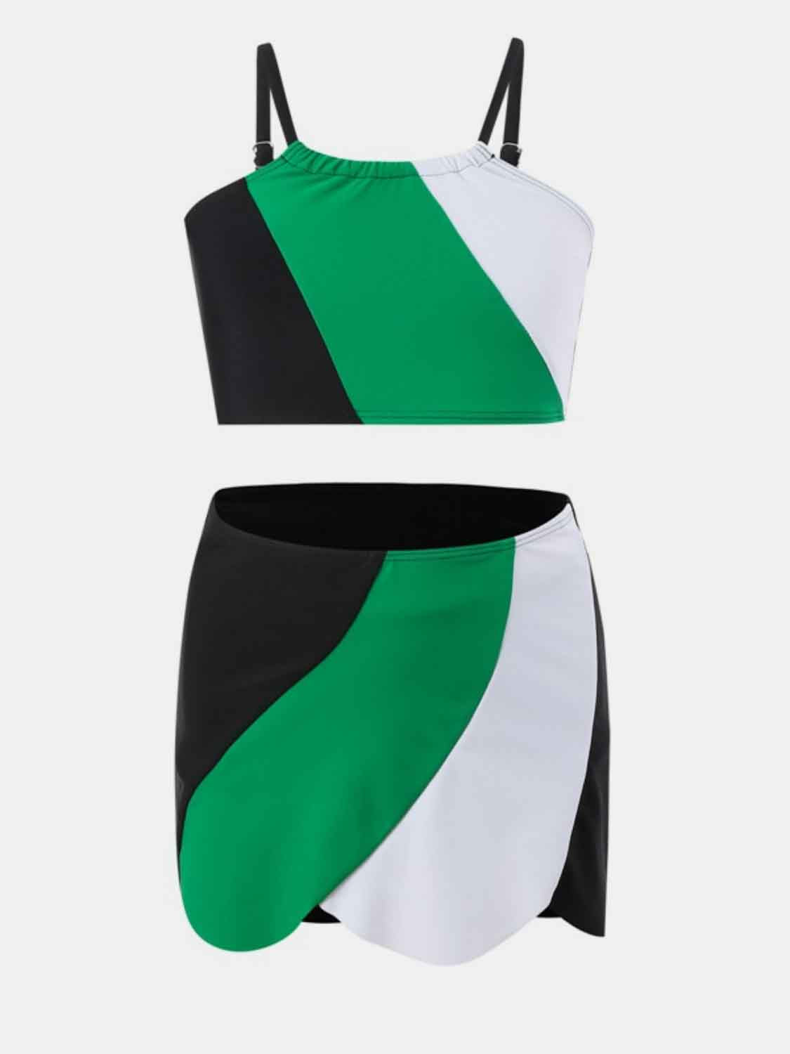 Color Block Top, Brief and Skirt Swim Set 