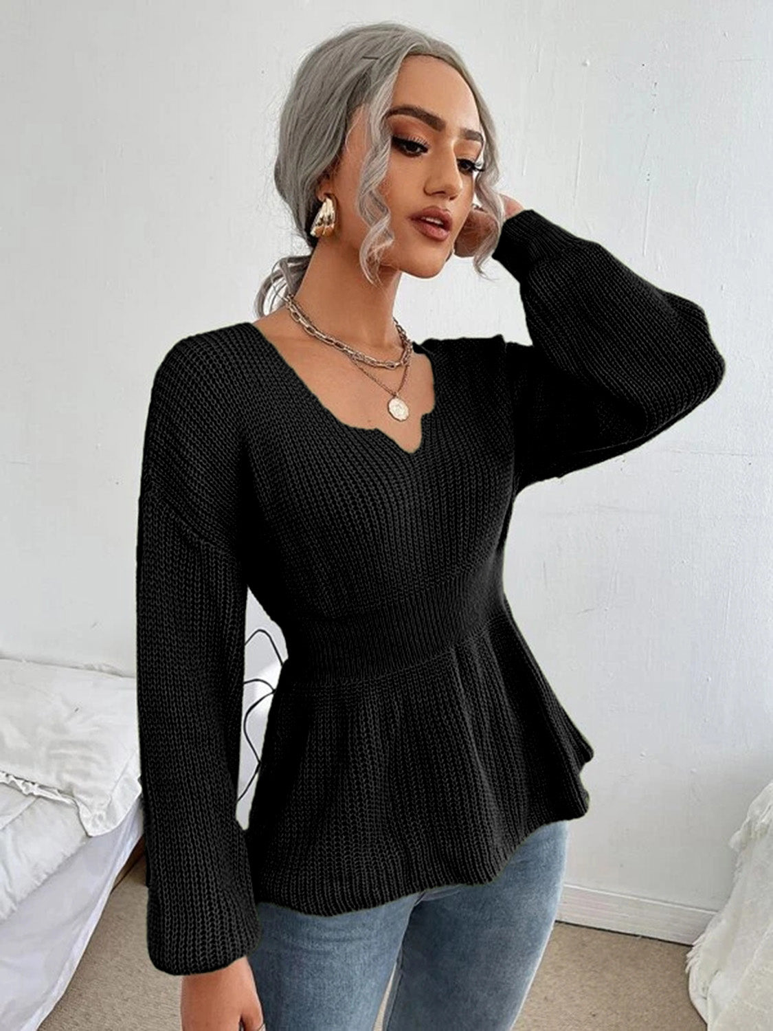 Notched Dropped Shoulder Knit Top 