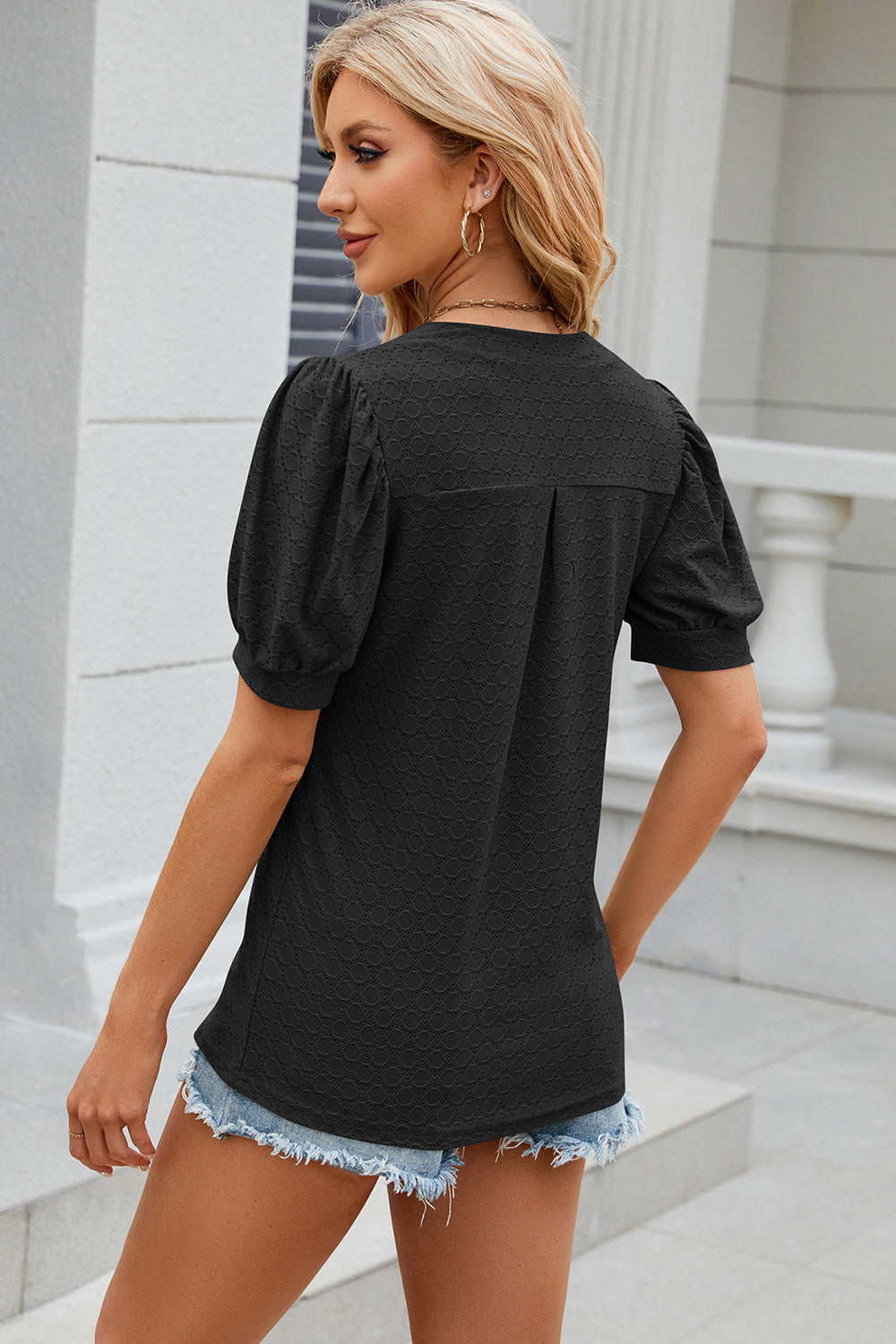 Eyelet Notched Puff Sleeve T-Shirt 