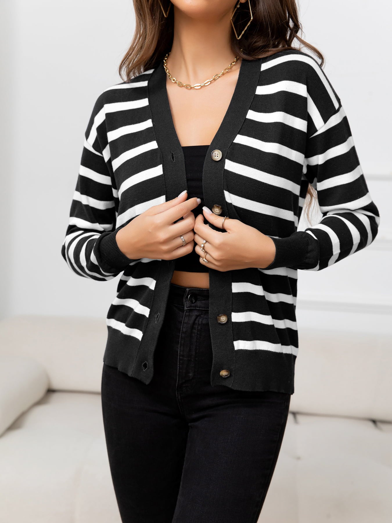 Striped Dropped Shoulder V-Neck Knit Top 