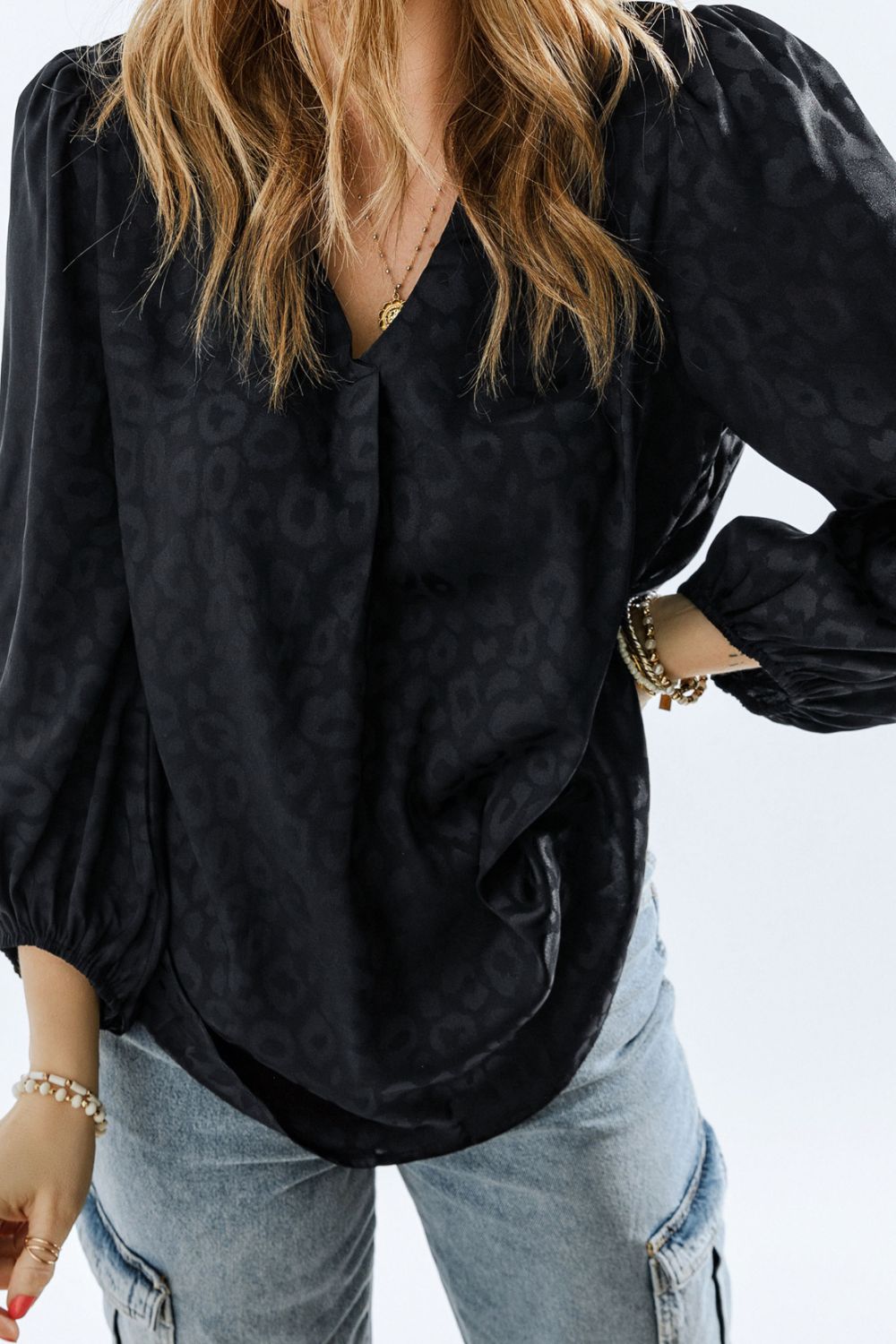 Leopard V-Neck Balloon Sleeve Blouse 