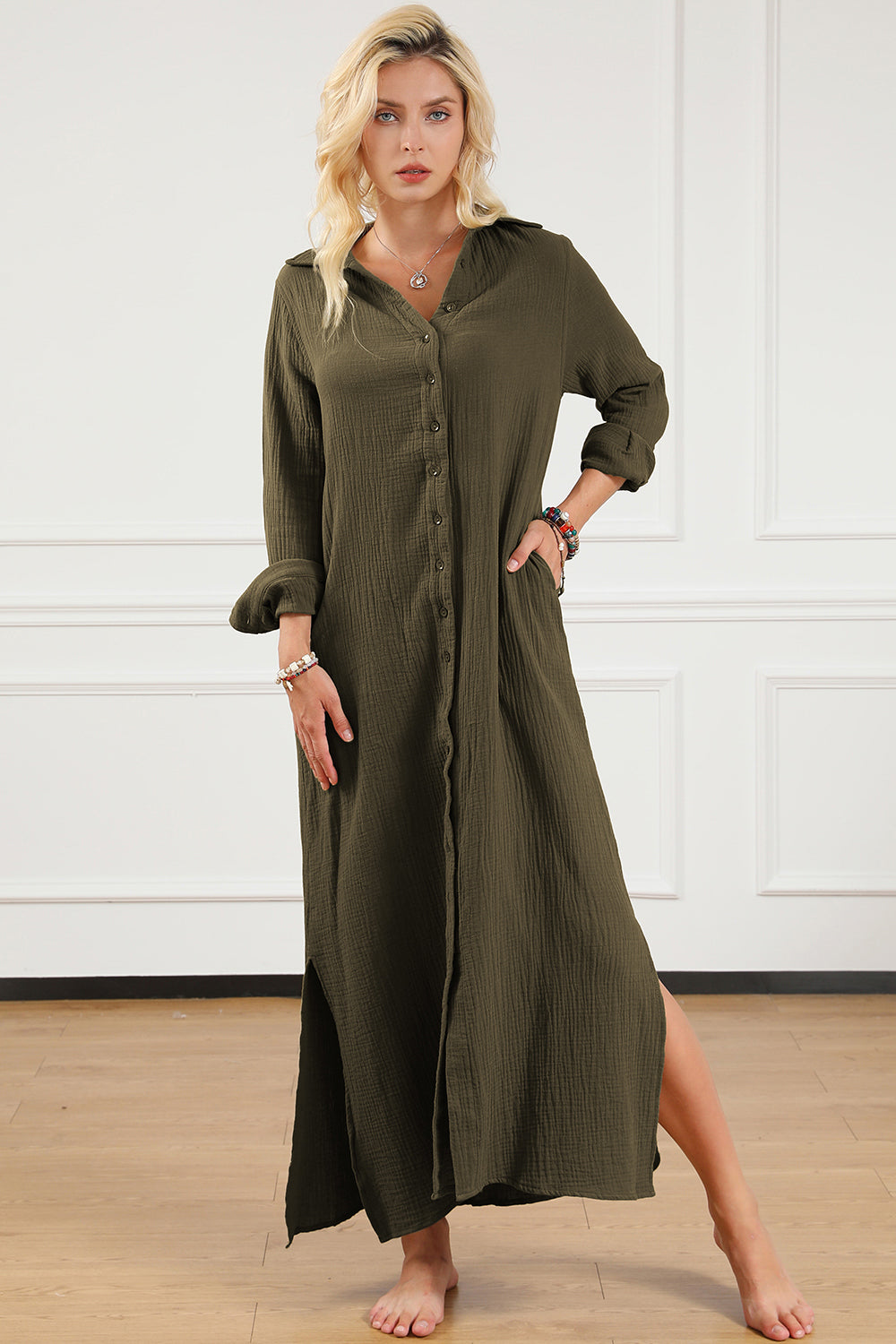 Texture Collared Neck Button Up Slit Shirt Dress 