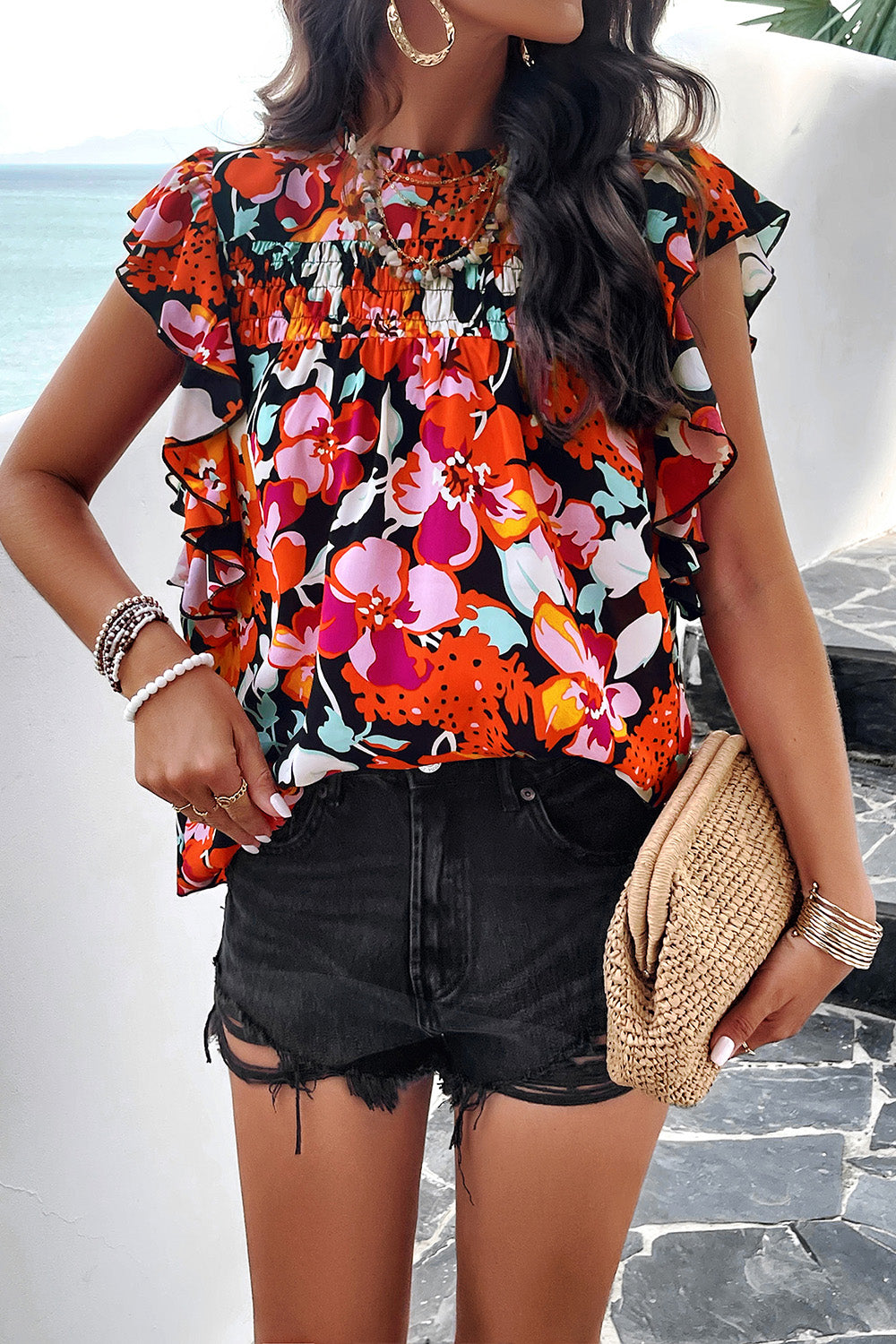 Smocked Printed Mock Neck Cap Sleeve Blouse - Babbazon Tops