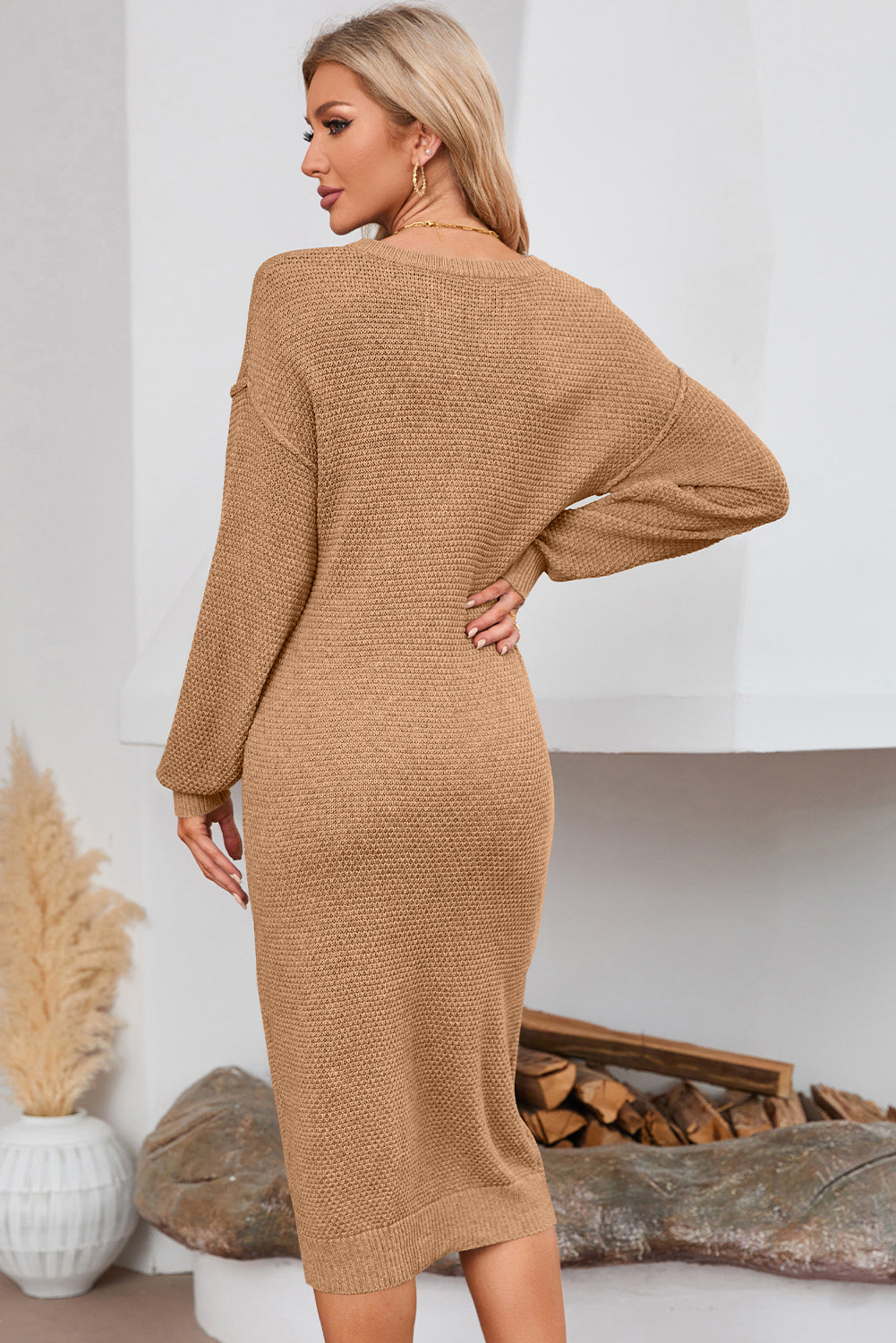 Half Button Long Sleeve Midi Sweater Dress 