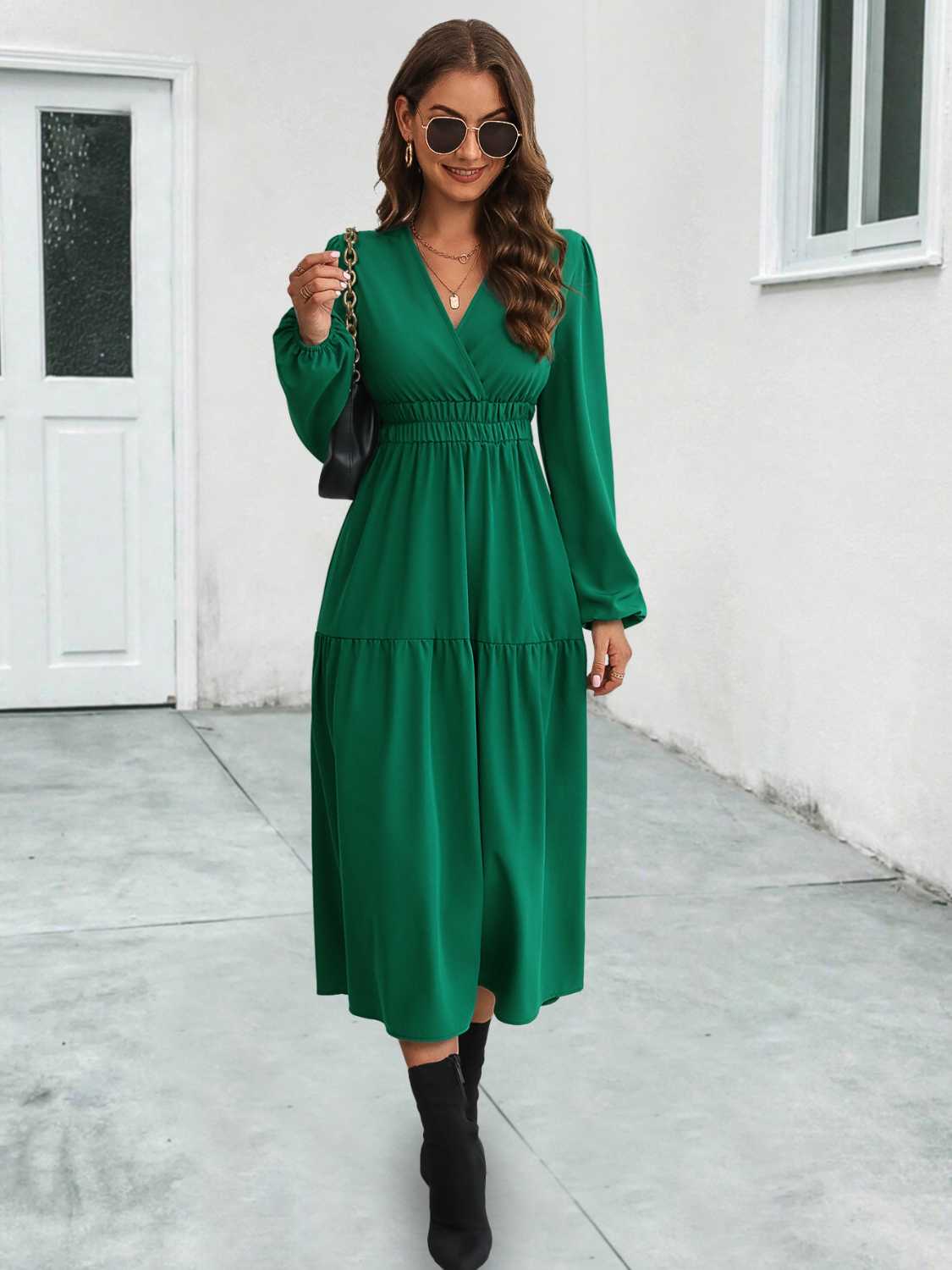 Surplice Neck Long Sleeve Midi Dress 