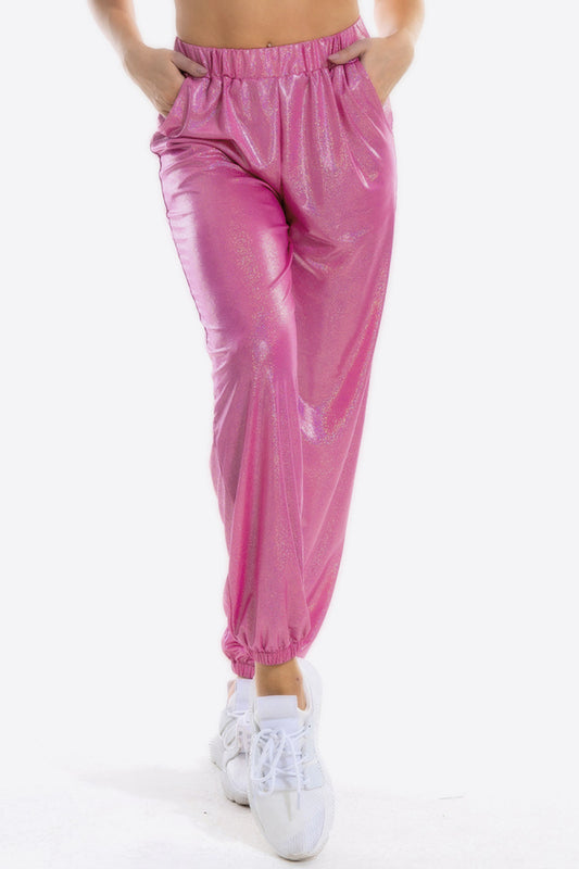 Glitter Elastic Waist Pants with Pockets 