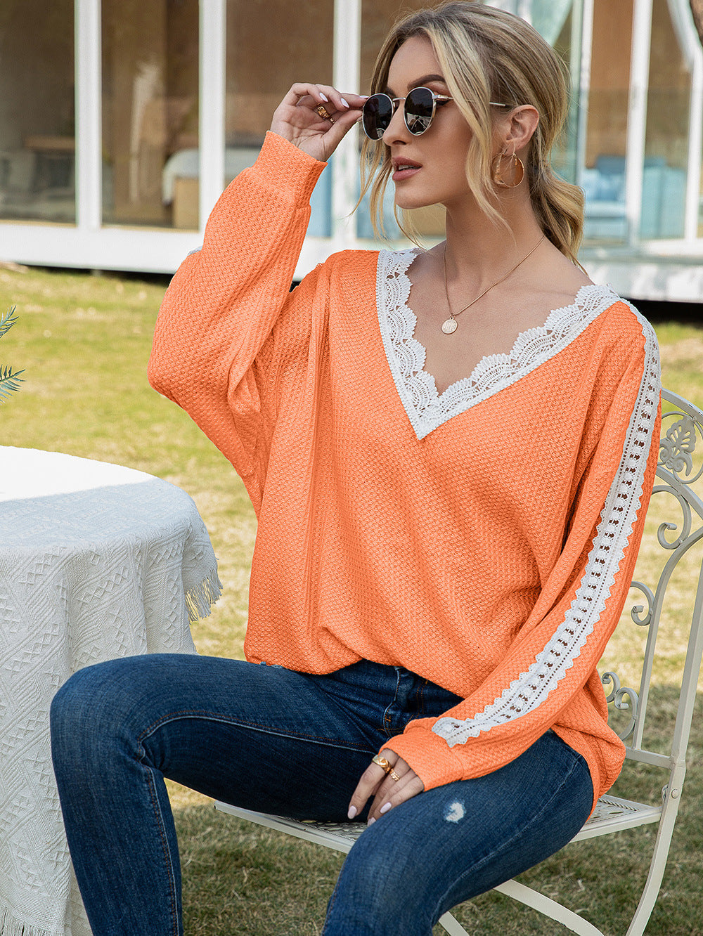 Contrast Spliced Lace V-Neck Top 