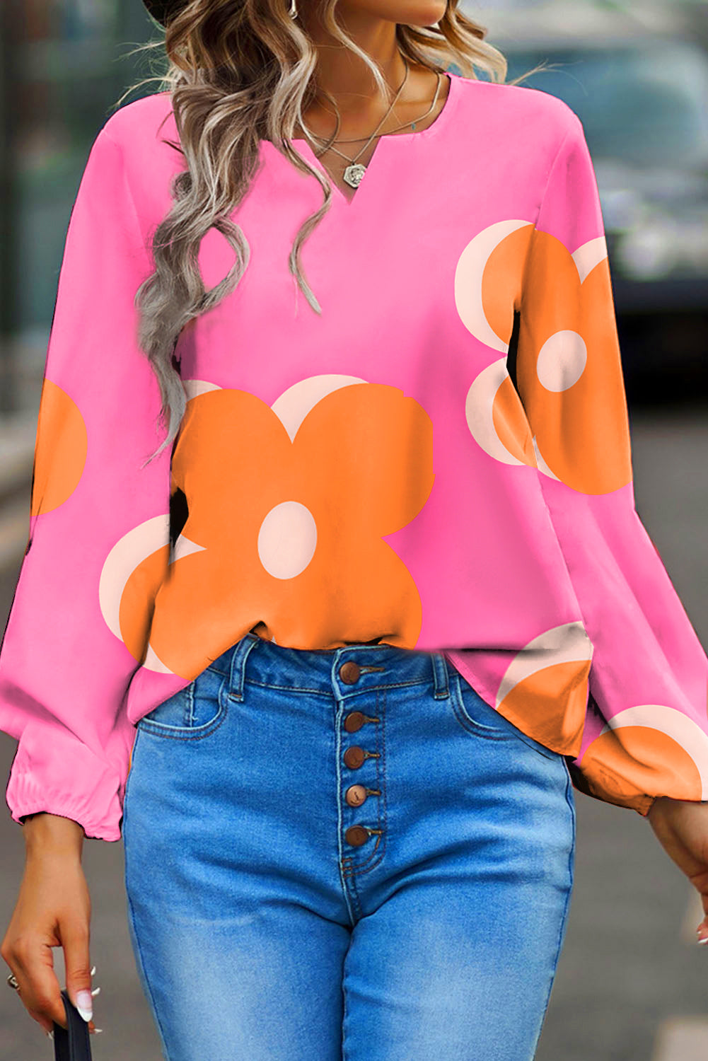 Flower Notched Balloon Sleeve Blouse 