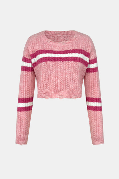 Cable-Knit Striped Dropped Shoulder Sweater 