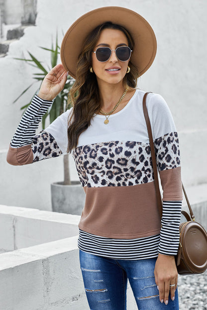 Waffle-Knit Leopard Round Neck Long Sleeve T-Shirt 