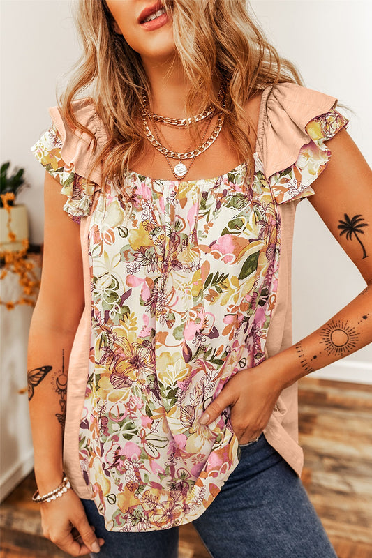 Ruffled Floral Square Neck Blouse - Babbazon Camisole