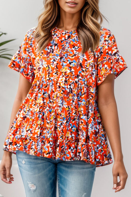 Plus Size Floral Round Neck Tiered Blouse - Babbazon Camisole