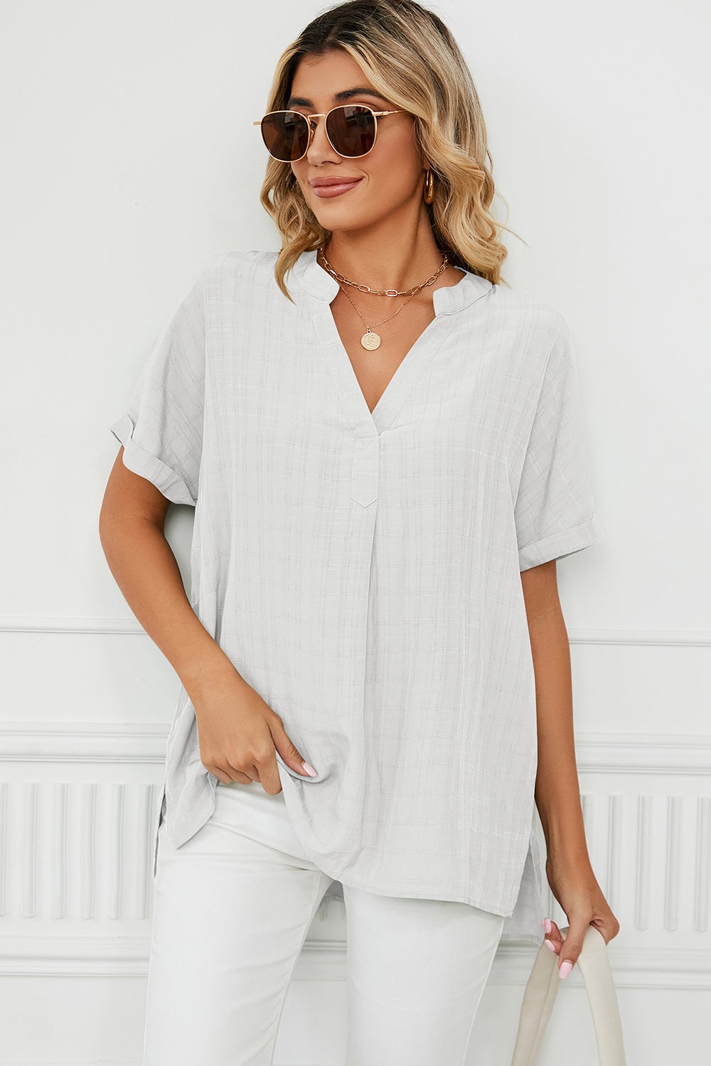 Ruched Notched Short Sleeve Blouse - Babbazon Camisole