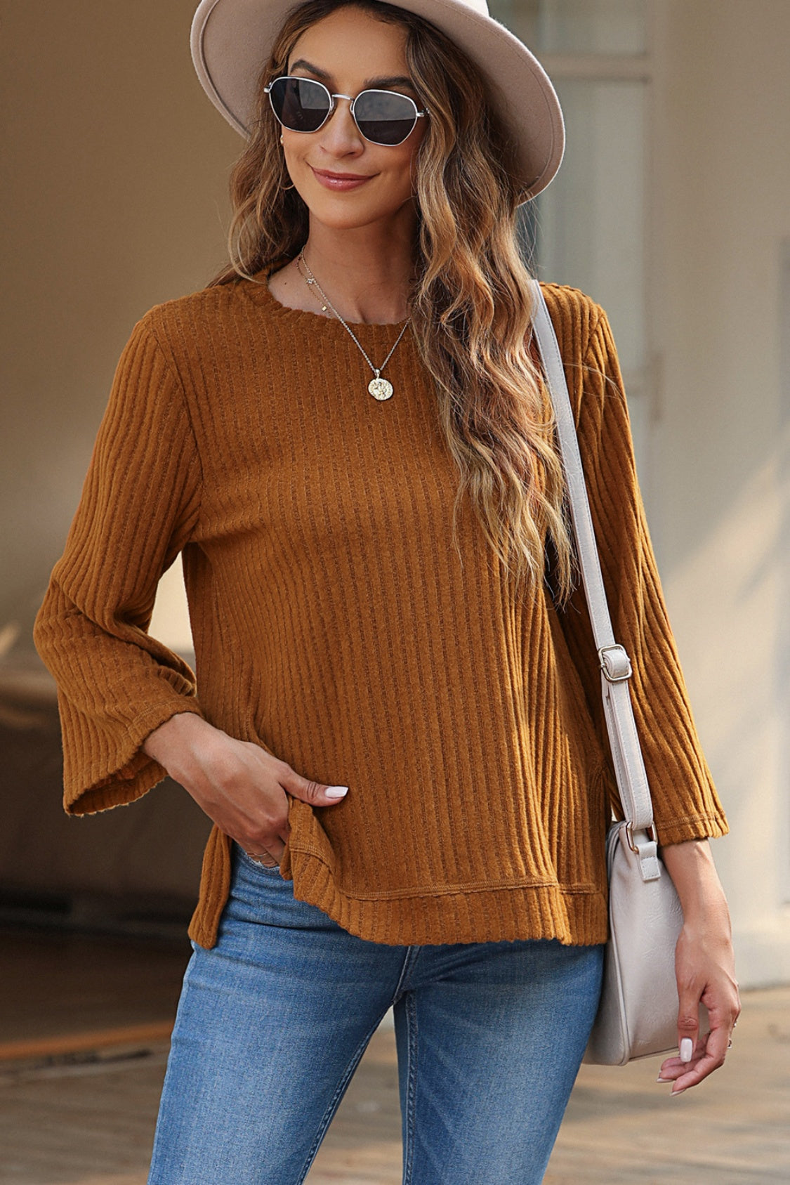 Ribbed Round Neck Slit Top 