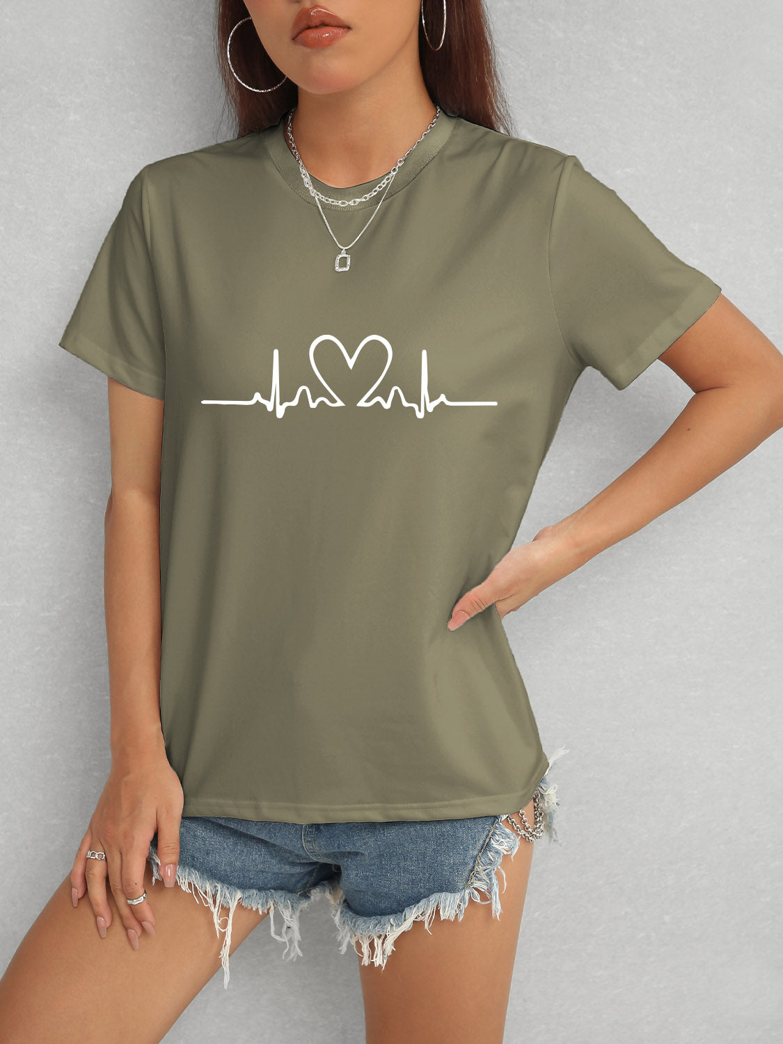 Heart Round Neck Short Sleeve T-Shirt 