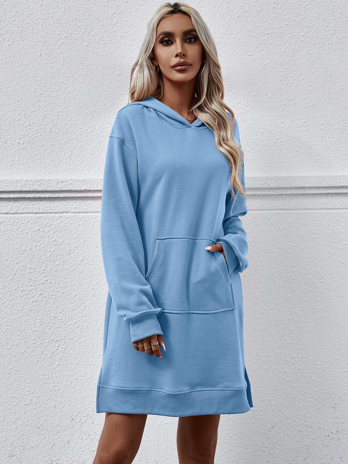 Slit Long Sleeve Hooded Dress with Pocket 