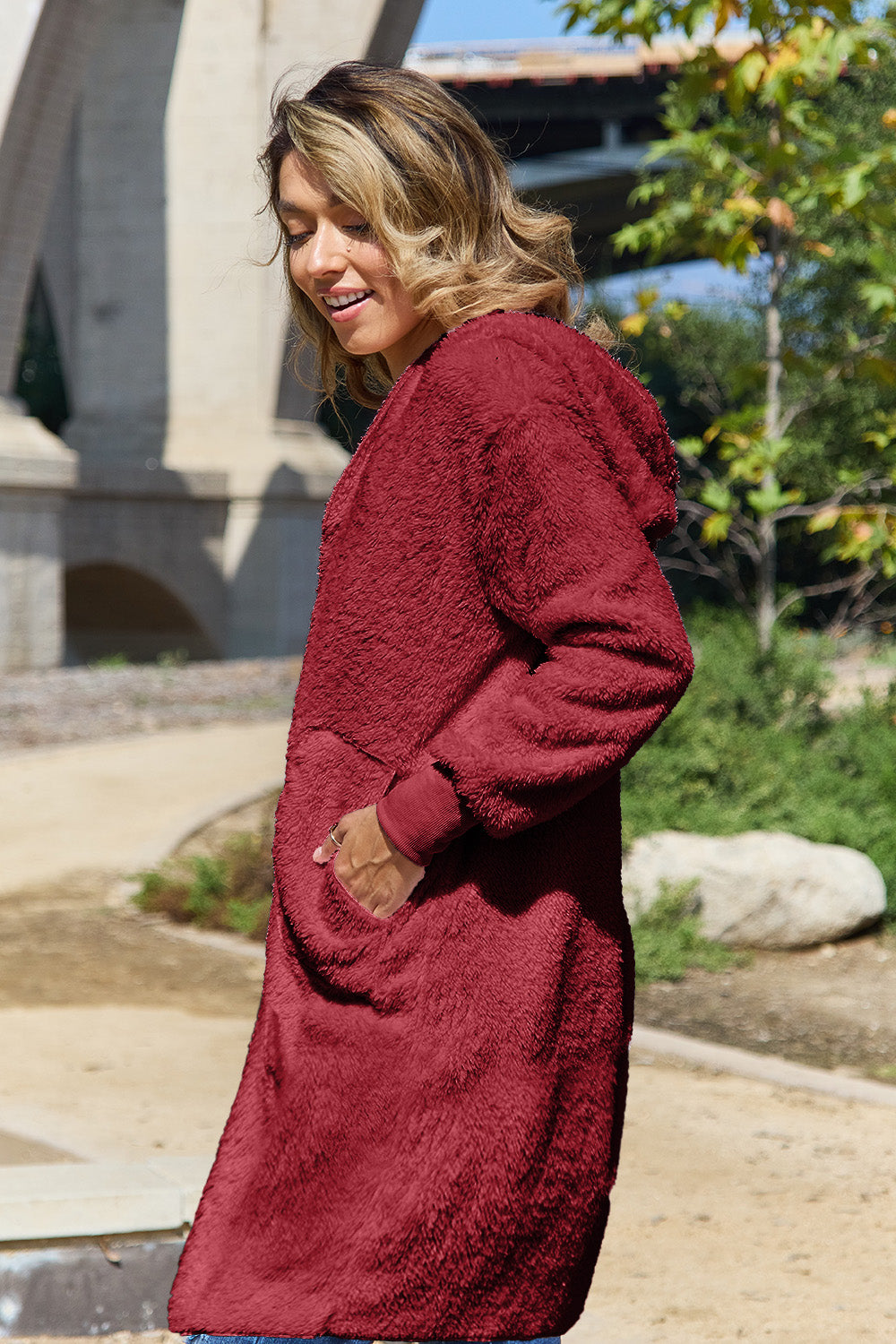 Double Take Full Size Hooded Teddy Bear Jacket with Thumbholes 