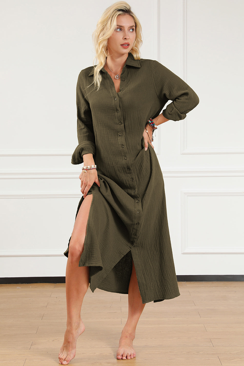 Texture Collared Neck Button Up Slit Shirt Dress 