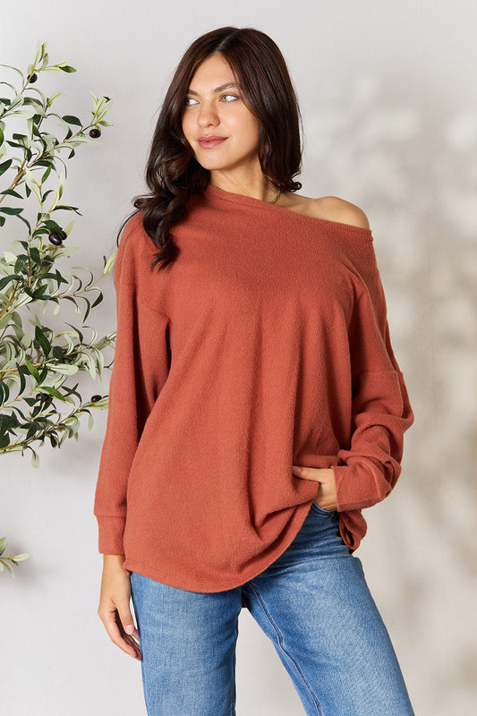 BOMBOM Drop Shoulder Long Sleeve Blouse with Pockets 