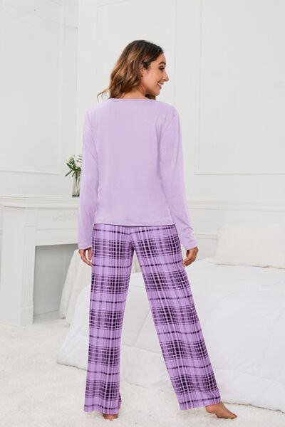 Round Neck Long Sleeve Top and Bow Plaid Pants Lounge Set 