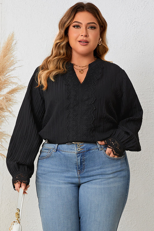 Plus Size Notched Neck Lace Detail Blouse 