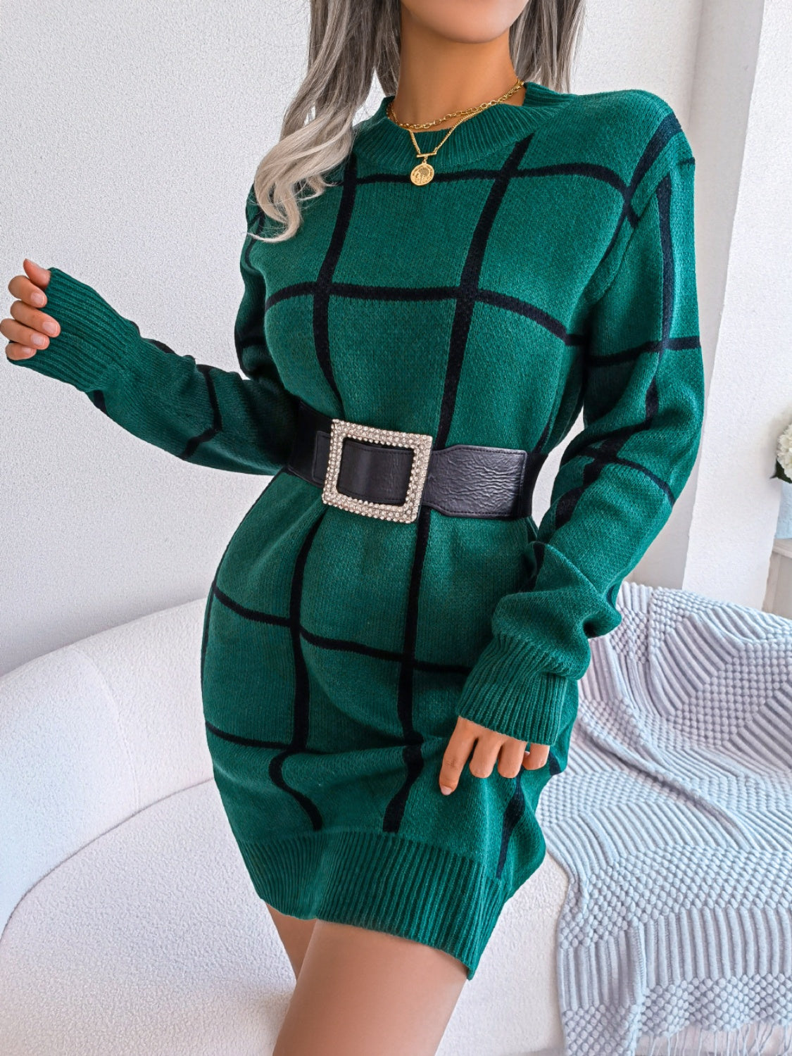 Plaid Round Neck Dropped Shoulder Sweater Dress 