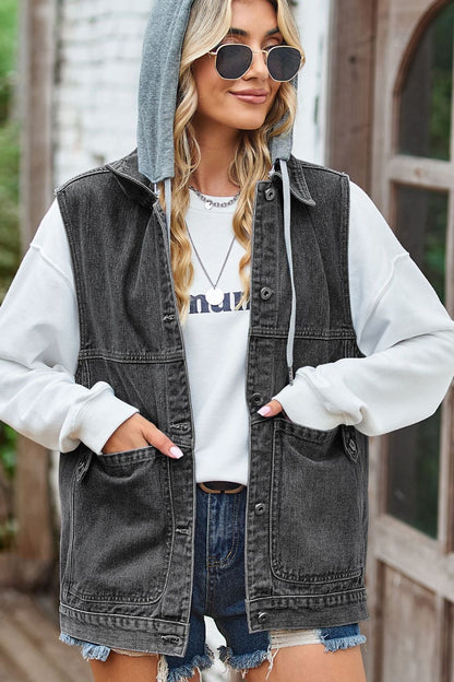 Sleeveless Denim Top with A Detachable Hood 