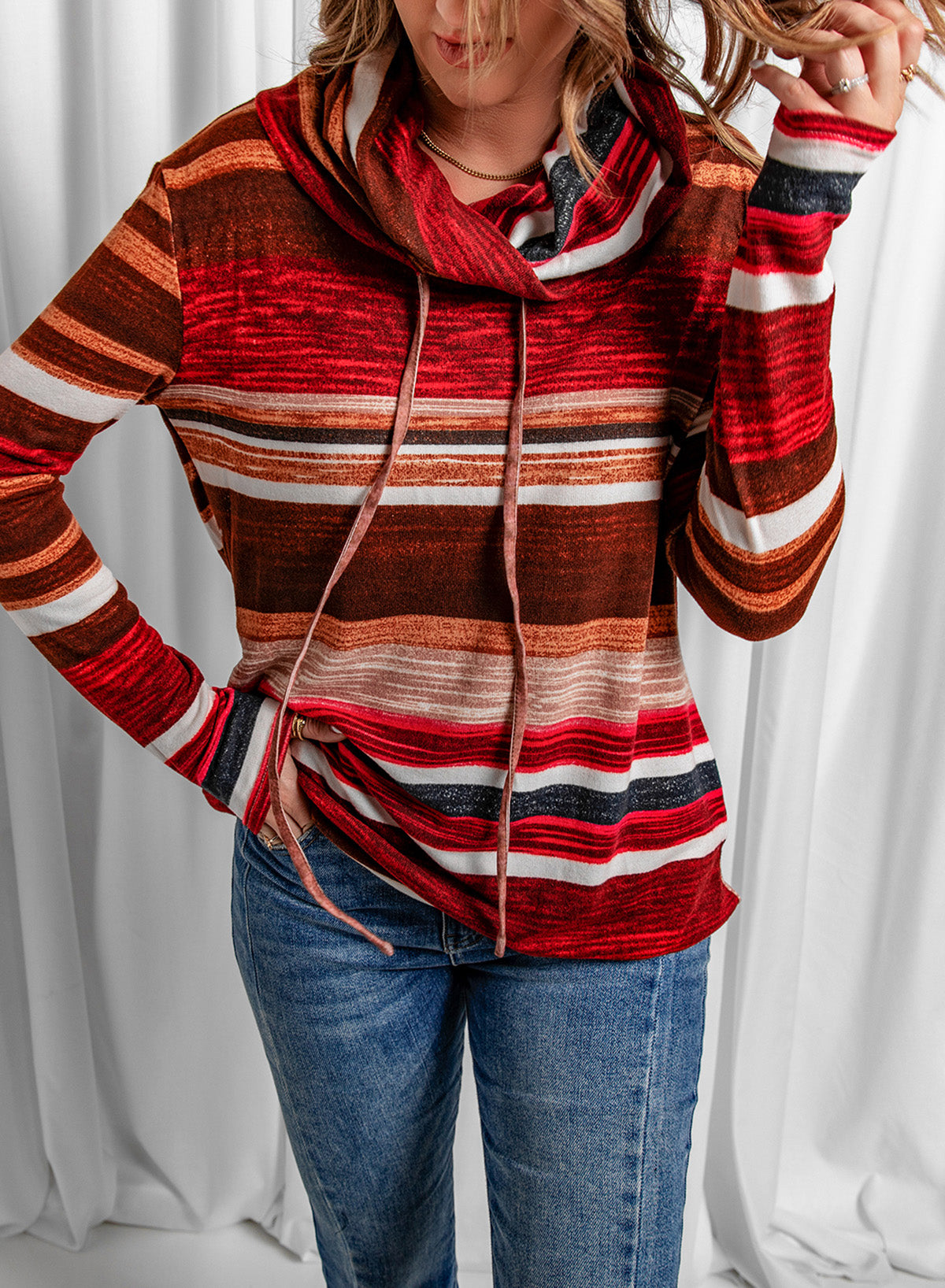 Striped Cowl Neck Tunic Sweatshirt 