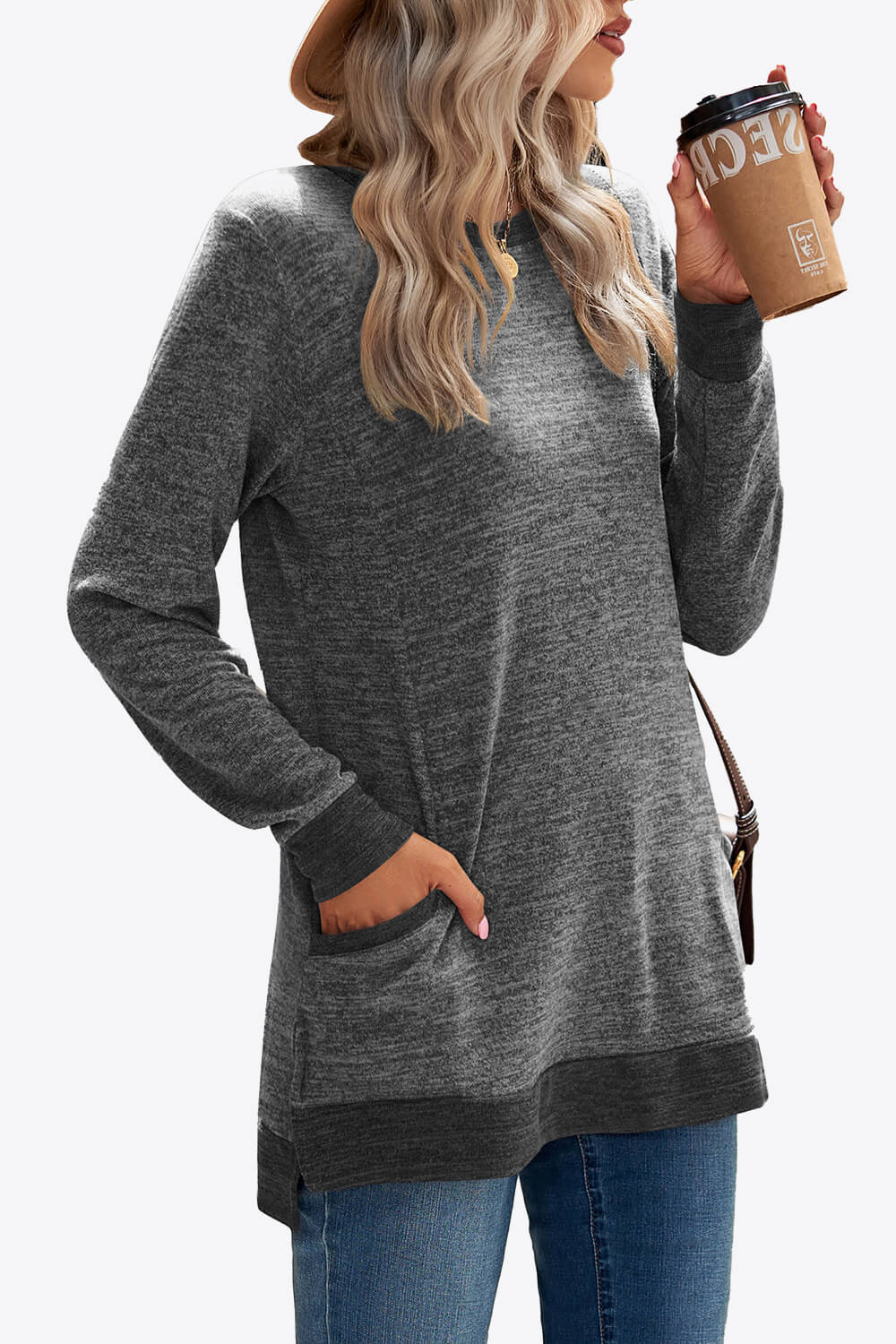 Heathered Slit Top with Pockets 