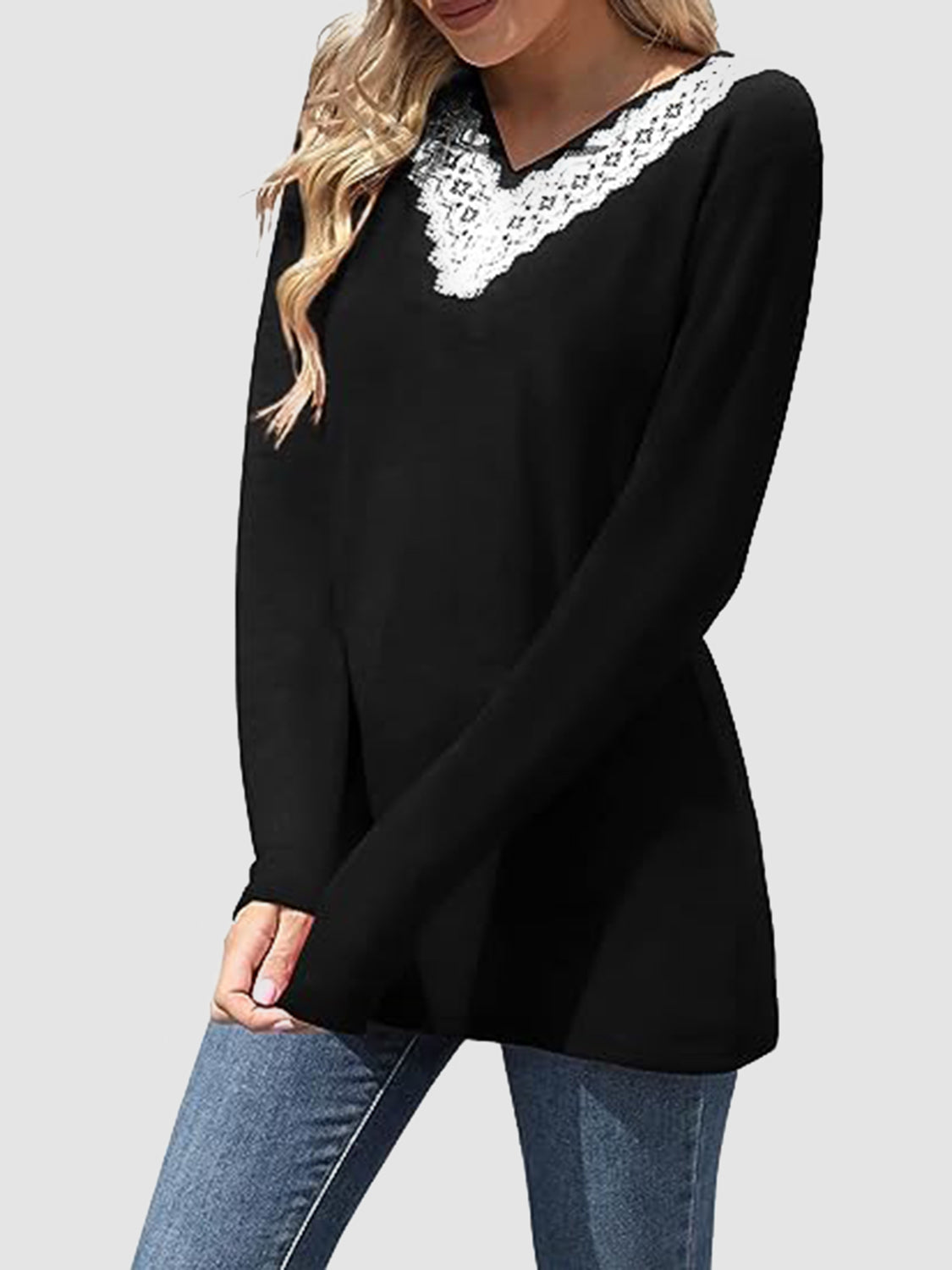 Lace Detail V-Neck Long Sleeve Top 