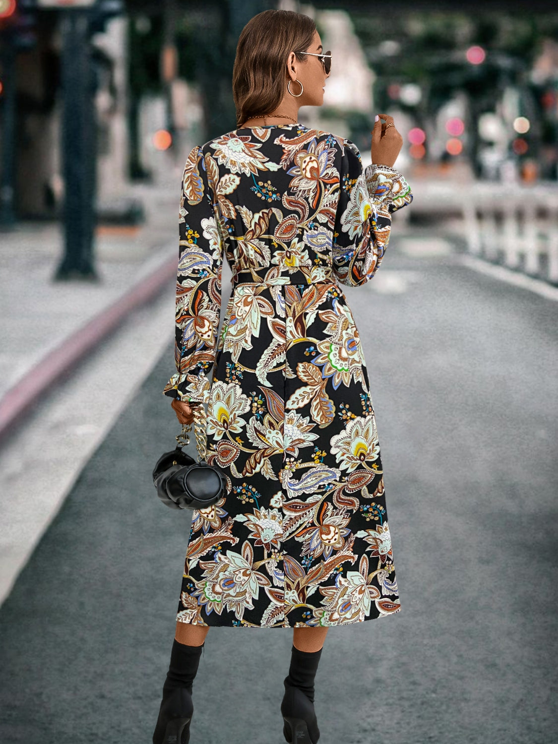 Printed Tie Front Surplice Flounce Sleeve Dress 