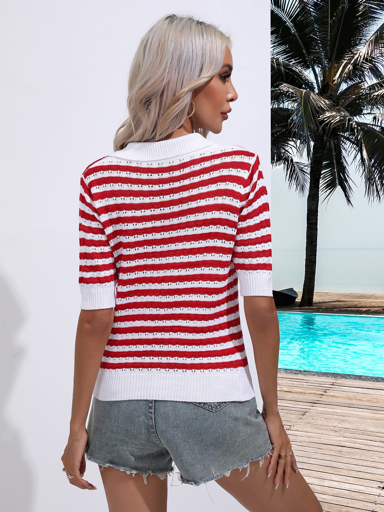 Striped Johnny Collar Half Sleeve Knit Top 