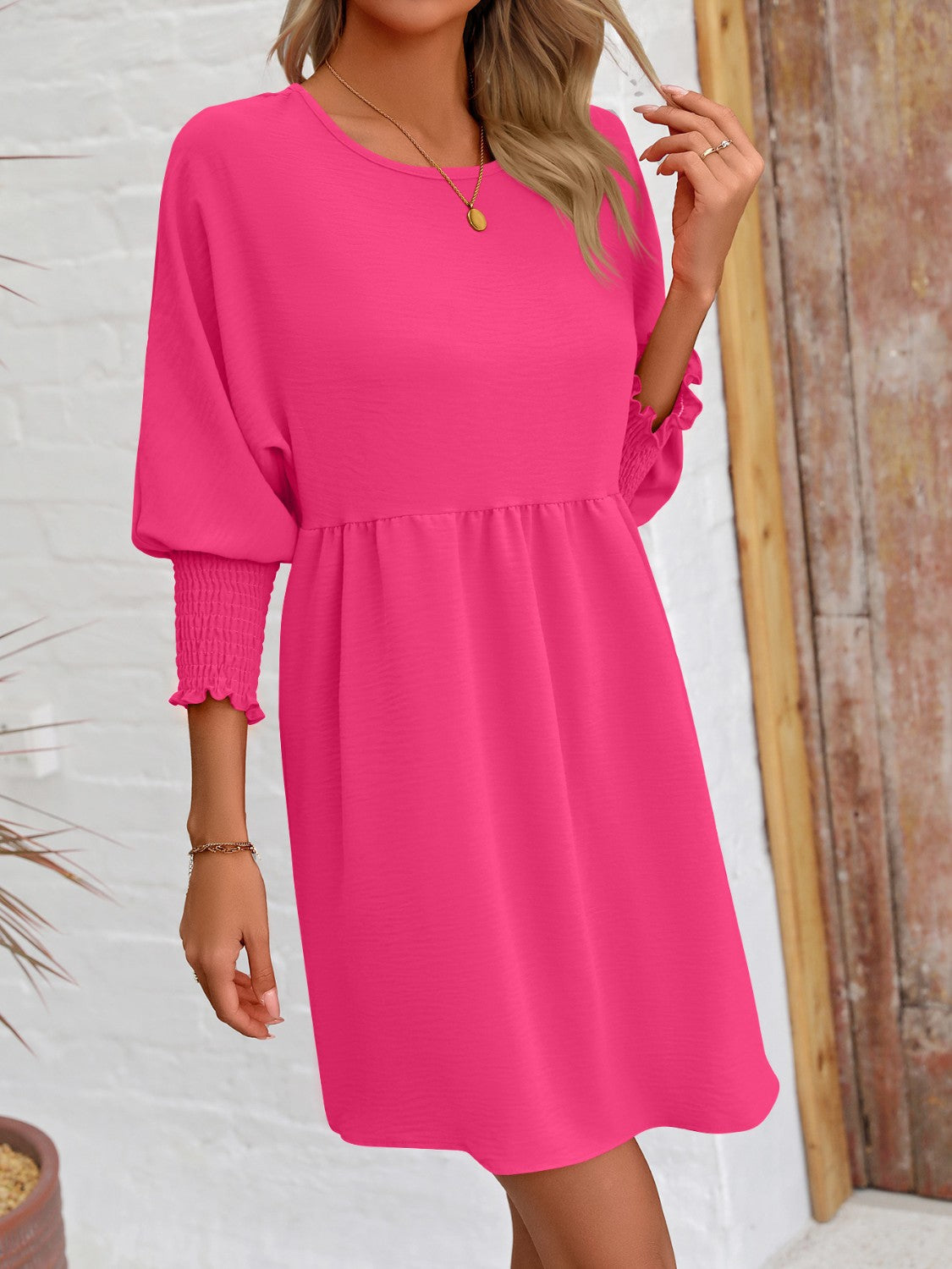 Round Neck Lantern Sleeve Mini Dress - Babbazon