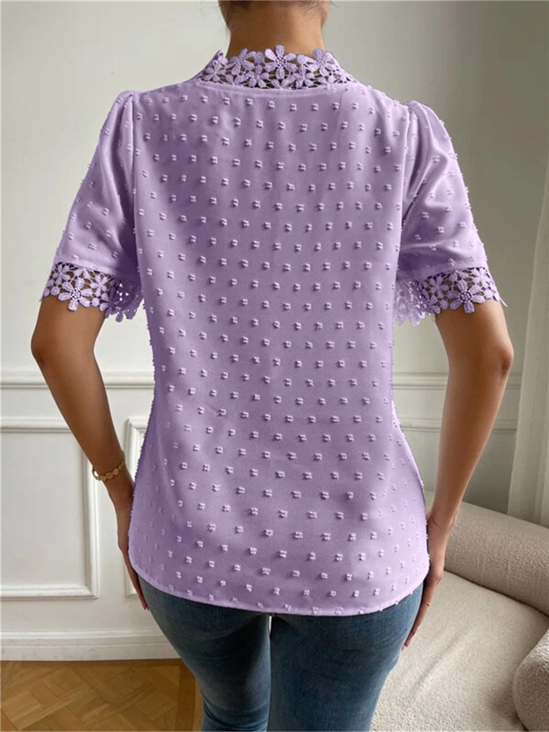 Swiss Dot V-Neck Short Sleeve Blouse 